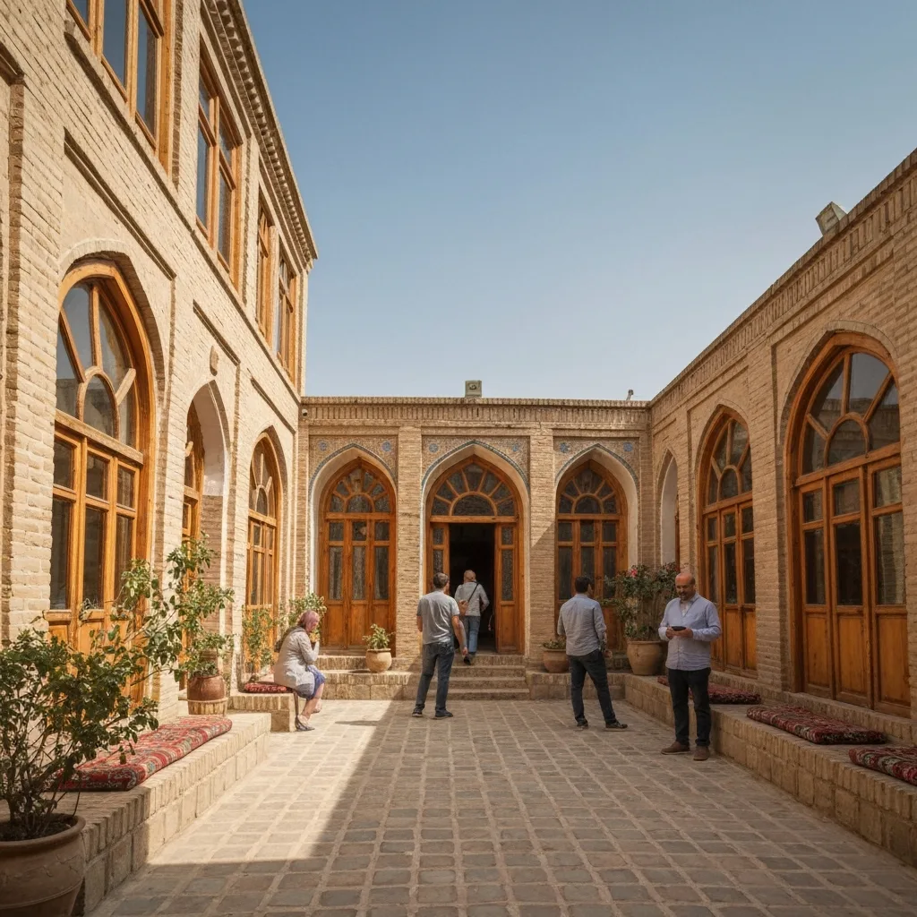 A beautiful traditional Iranian eco-lodge with tourists and historical architecture