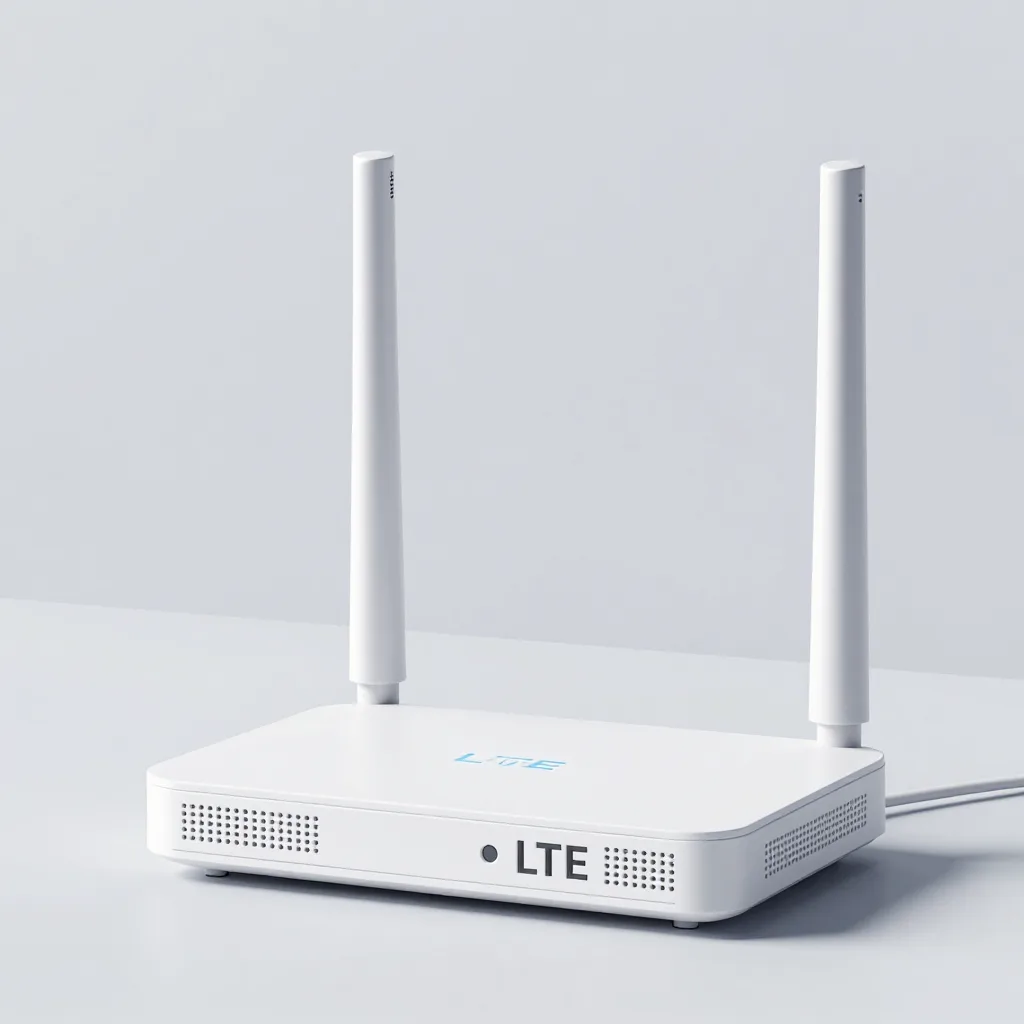 A modern 4G LTE mobile router (modem) on a wooden desk with a smartphone displaying the operator app