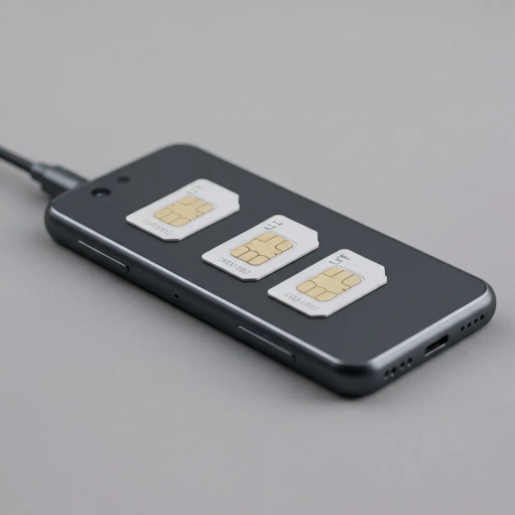 A modern unlocked 4G LTE portable modem with multiple SIM cards from different operators next to it