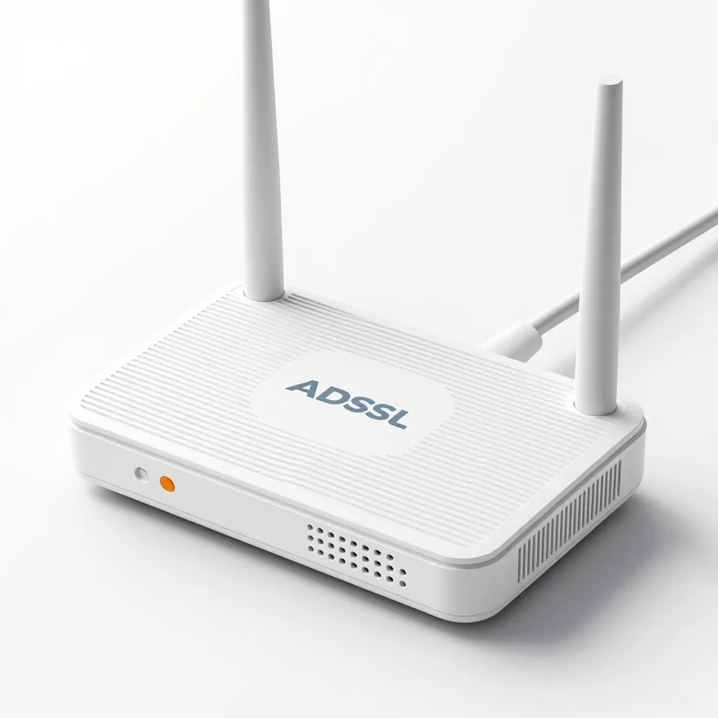 A modern white ADSL modem connected to a laptop via ethernet cable with signal waves