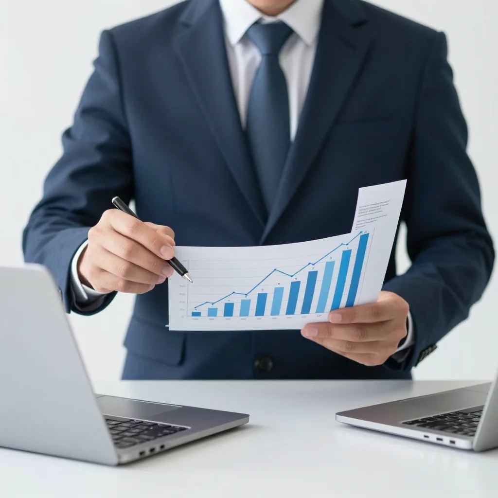 Businessman analyzing financial graphs and feasibility study documents on a desk
