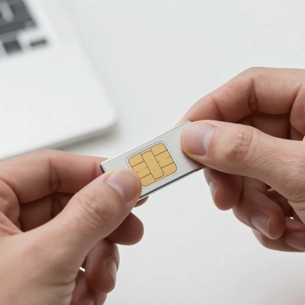 Close-up of a user changing the SIM card in a small portable modem, with a 4G network icon on the display