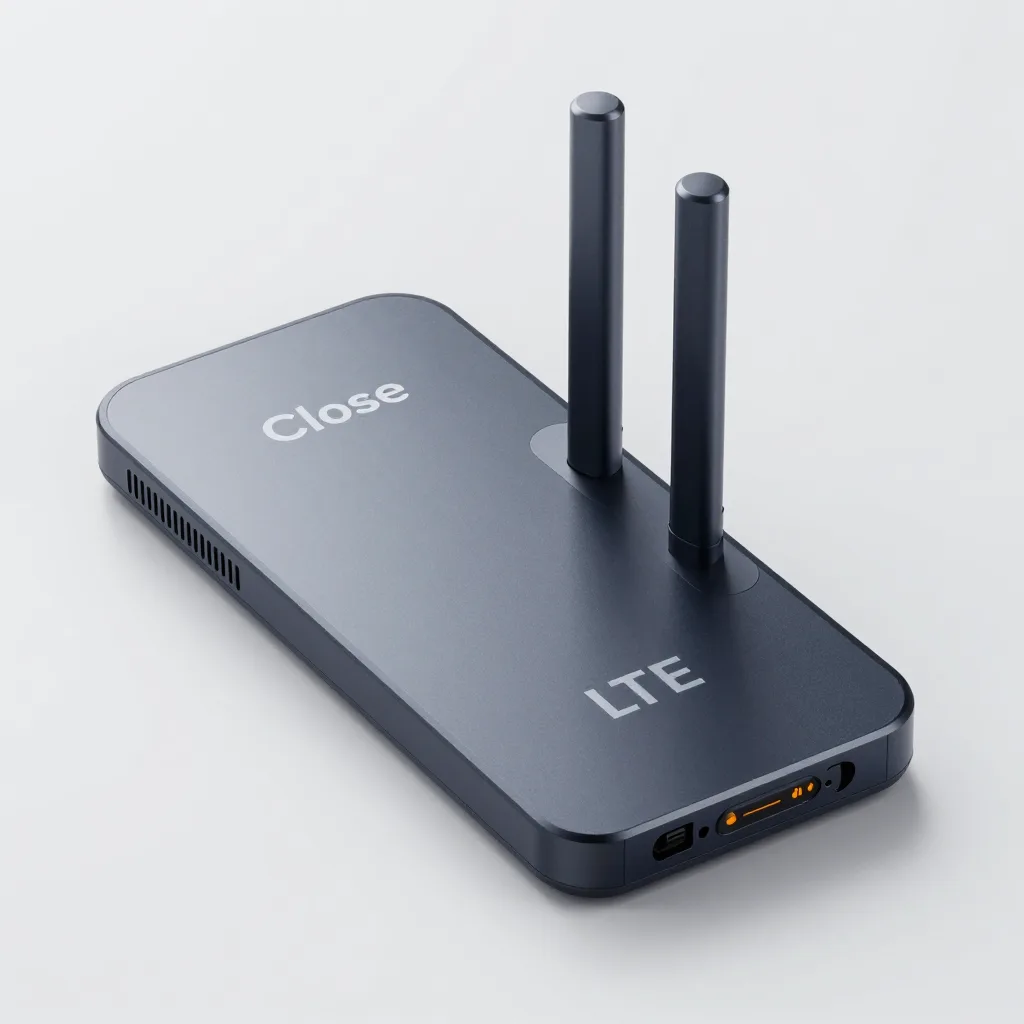 Close up shot of 4G LTE modem with antennas on a desk
