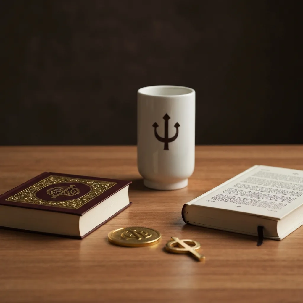Comparative religion books and symbols of different faiths on a wooden table