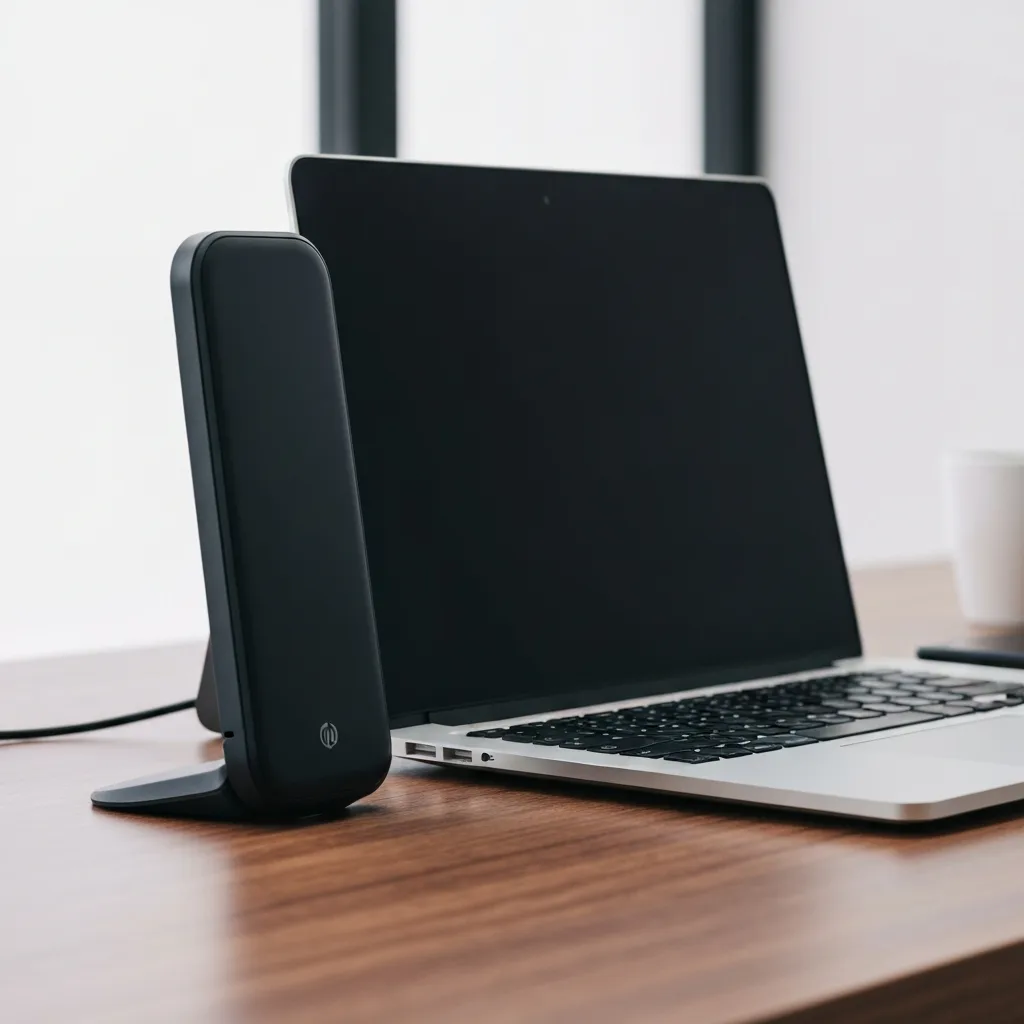 High speed Irancell desktop modem on a wooden desk next to a laptop
