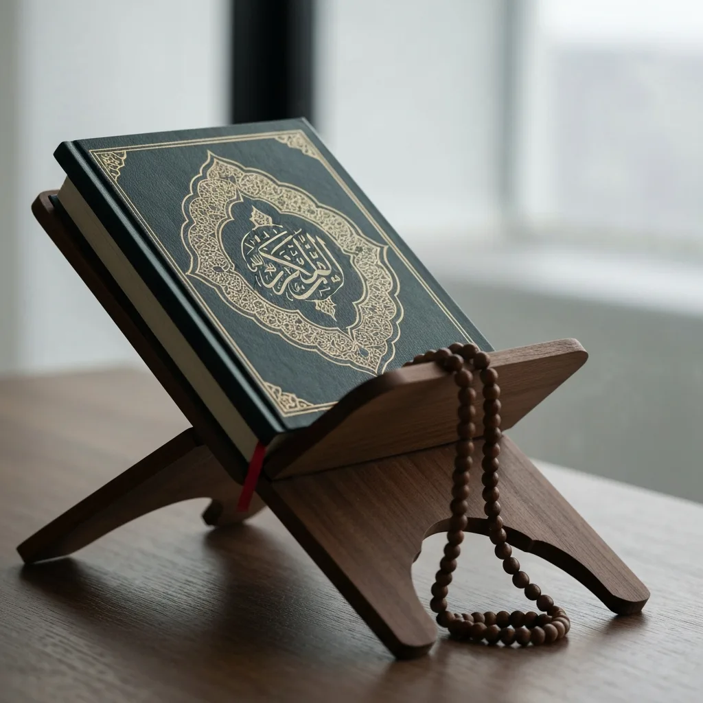 Holy Quran and religious books on a wooden stand with prayer beads