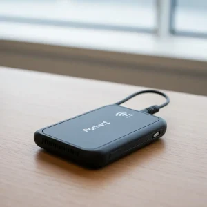 Portable 4G LTE wifi modem with Hamrah-e Aval sim card on a table