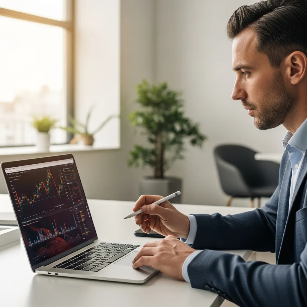Professional analyst reviewing financial charts and feasibility study documents on a laptop