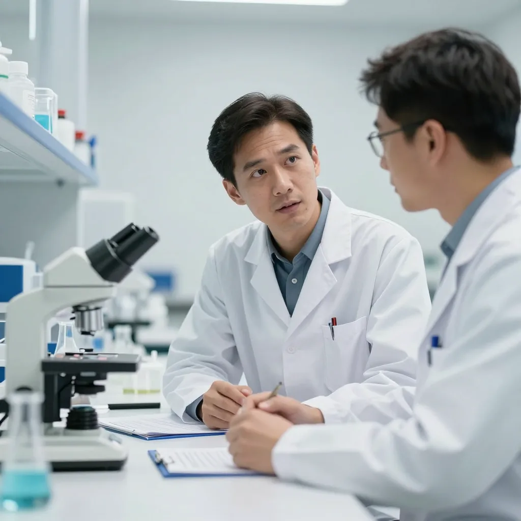 Researchers discussing ethical guidelines in a lab setting