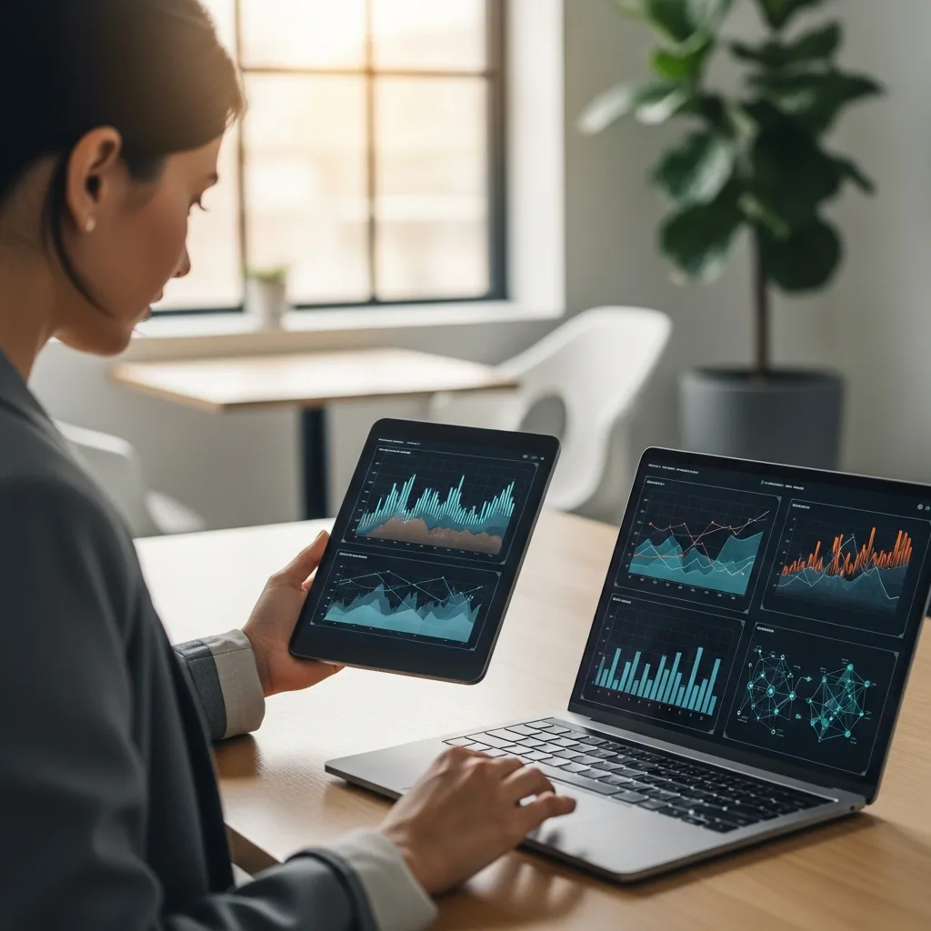 راهنمای کامل ایجاد طرح توجیهی با هوش مصنوعی 1 Woman using a tablet and laptop analyzing business charts and AI generated documents