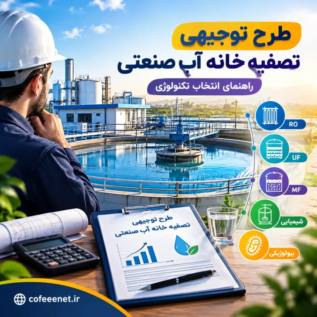 مهندس در کارخانه تصفیه آب صنعتی در حال بررسی تجهیزات و گزارش.