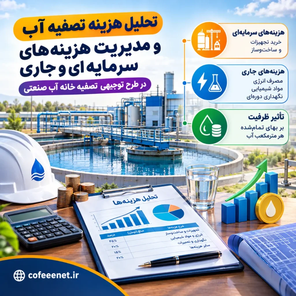 تحلیل هزینه‌های تصفیه آب با نمودار و اطلاعات مالی در محیط صنعتی.